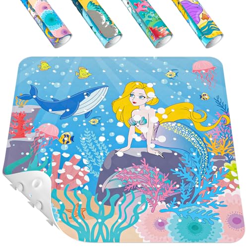 Image of HITSLAM Square Shower Stall Mat Anti Slip, Quick Dry 21x21 Inch Bathtub Floor Mat for Kids with Suction Cups and Drainage Holes, Machine Wash, Soft on Feet, Mermaid