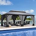 ALAULM 12'x20' Hardtop Gazebo, Outdoor Double Roof Canopy with Netting and Curtains, Galvanized Metal Frame, Sunshade for Patio, Backyard, Deck and Lawns-Gray