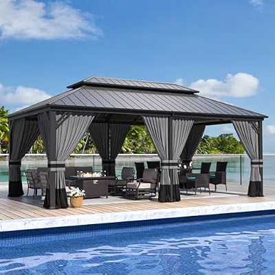 ALAULM 12'x20' Hardtop Gazebo, Outdoor Double Roof Canopy with Netting and Curtains, Galvanized Metal Frame, Sunshade for Patio, Backyard, Deck and Lawns-Gray