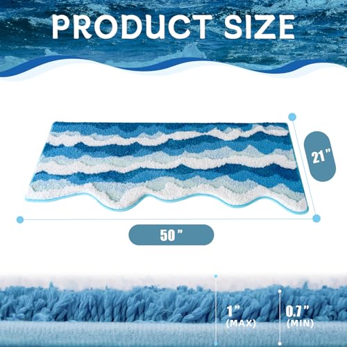3D Ocean Wave Bedside Rug Blue 21x50 Inch, Soft and Absorbent Tufted Bathroom Runner Rug Non Slip Washable, Coastal Nautical Beach Decor for Bathroom Bedroom Indoor Mat - Image 5