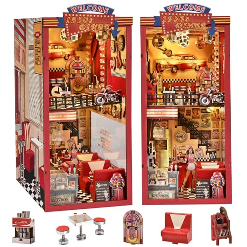 Image of fifijoy Book Nook Kit - DIY Miniature House Dollhouse Kit for Adults and Teens, Booknook Retro Diner Bookshelf Decor 3D Wooden Puzzle with LED Light, Gifts for Family and Friends (1950s Diner)