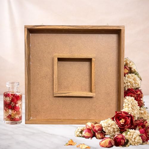 Image of Varmala Preservation Frame with Photo Compartment | Wedding Garland Keepsake Frame | Leakproof Resin Art Display | Premium Quality Gift for Couples & Anniversary (Square, Teakwood, 12x12 Inch)