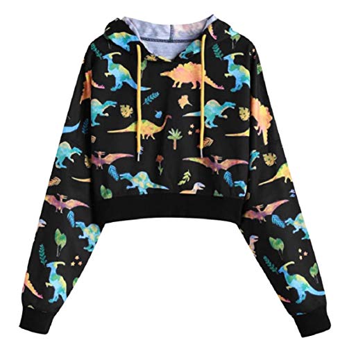 Dinosaur Print Hoodies Tops for Women Long Sleeve Pullover Casual Shirts Crop Autumn Winter Basic Coats Sweatshirt