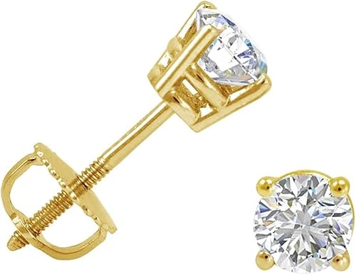 Breeze Jewels 1 Ct Round Cut Natural Diamond VVS1 Stud Earrings Solid14K Yellow Gold Screw Back Earrings Best For Women's
