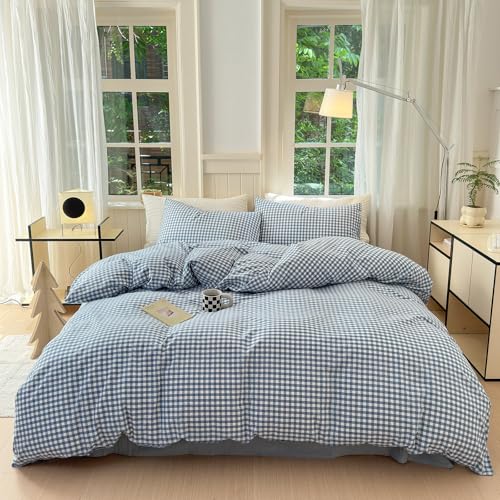 Image of LifeTB Blue Gingham Comforter Set King 3 Pieces Modern Plaid Checkered Pattern Comforter Gingham Bedding Set Fluffy Soft Grid Plaid Bedding Comforter Farmhouse Checkered Comforter Set King Size