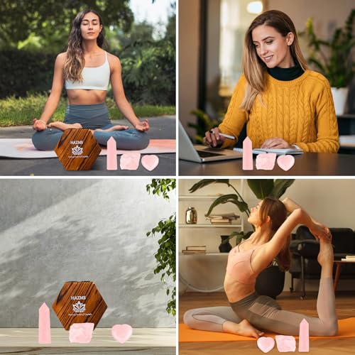 Hazms Rose Quartz Crystals with Wooden Gift Box, Crystals and Healing Stones Set with Rose Quartz Tower, Heart Stone, Raw Crystals for Love, Meditation, Chakra, Reiki, Home Decor- Gift for Women - Image 4