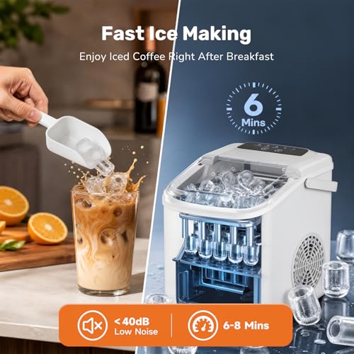 Image of Sweetcrispy Countertop Ice Maker with Scoop, Basket and Handle, Portable Ice Machine 9 Cubes Ready in 6 Mins, 26.5lbs in 24Hrs, 2 Sizes for Home Kitchen Office Bar Party