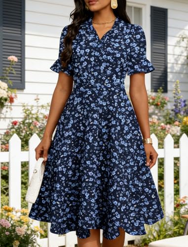 Image of Mokayee Womens Summer Ruffle Sleeve Collared V Neck Fit and Flare Elegant A line Swing Dresses with Pockets