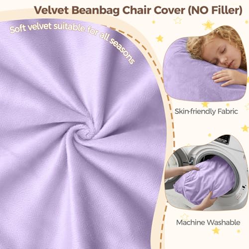 Image of Stuffed Animal Storage Bean Bag Chair Cover for Kids (No Filler), Soft Comfy Velvet Beanbag Chair Cover Machine Washable, Kids Bean Bag Chair with Handle for Living Room Bedroom Dorm, Purple