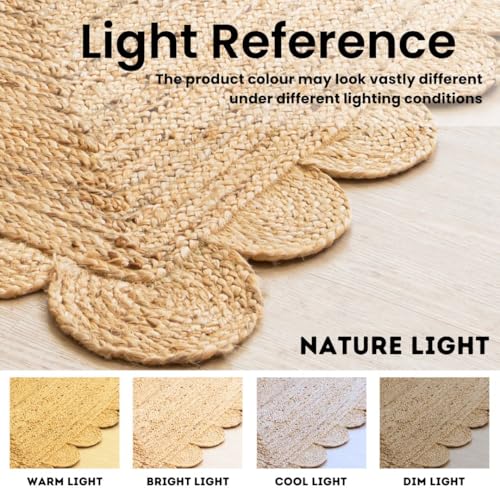 HOMEMONDE Natural Jute Rug 4x6 ft Scalloped Braided Hand Woven Bohemian Indoor Farmhouse Area Rugs for Living Room, Bedroom, Kitchen