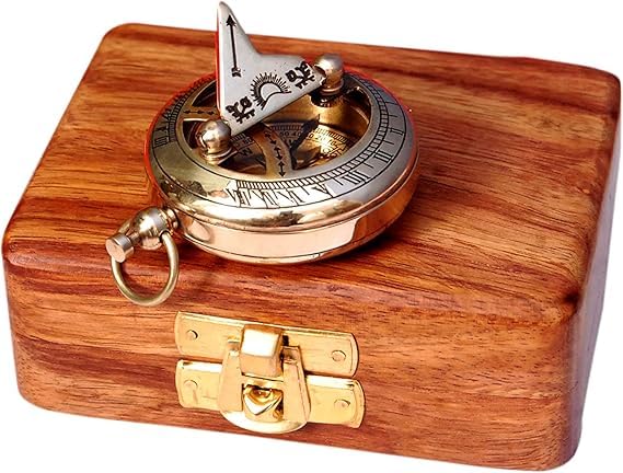 Brújula náutica de latón con caja de madera – Reloj de sol y brújula estilo antiguo, regalo vintage para navegación marítima, camping y senderismo miniatura 5