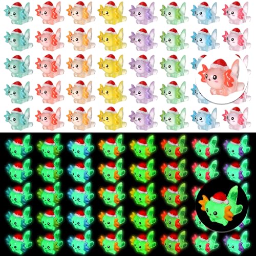 GSrenyu 40 Pcs Christmas Mini Axolotl Figures, Luminous Resin Axolotl with Santa Hats Mini Resin Animals Miniature Figures for Christmas Party Bag Fillers Garden Dollhouse Landscape Aquarium Decor