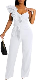 Womens Casual Jumpsuits V-Neck Sleeveless Ruffle Backless Belted Wide Leg Pant Sexy Romper Party Clubwear