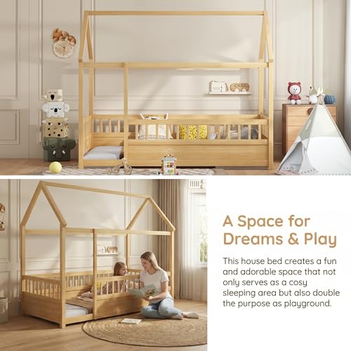 Image of Bellemave Kids Full Size Floor Bed with House Roof Frame and Safety Fence, Wooden Montessori Bed, Low Profile Playhouse Bed for Boys Girls Bedroom (Natural)