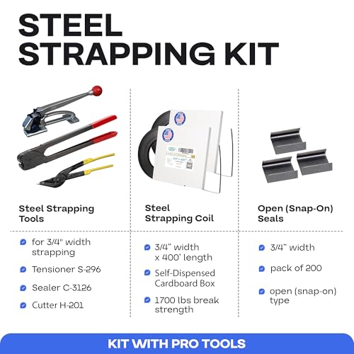 Image of IDL Packaging PRO 5 /8 inch x 400' Steel Strapping Kit, 1400 lbs Break Strength - Professional Grade Tools & Mini Strapping Coils - Enough Strapping and Seals for 200 Uses Before Refill