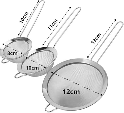Conjunto 3 Peneiras Coador Inox 8/10/12cm - Versátil, Durável, com Suporte para Panelas e Travessas,