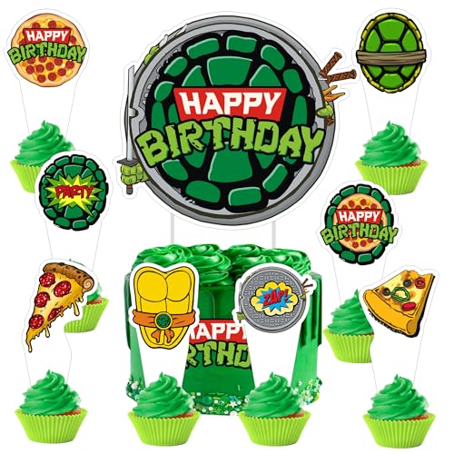 25pcs For Turtles Cartoon Birthday Decorations with 24pcs Cupcake Toppers 1pcs Cake Topper for Birthday Party Supplies.
