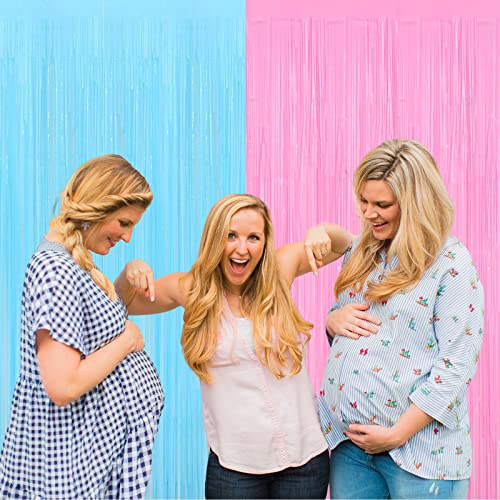 Image of 4 Pack 3.2Ft x 9.8Ft Pink Blue Fringe Curtain Backdrop, Metallic Tinsel Foil Fringe Streamers Curtains Background for Photo Booth Wedding Gender Reveal Backdrop Boy or Girl Birthday Party Decoration