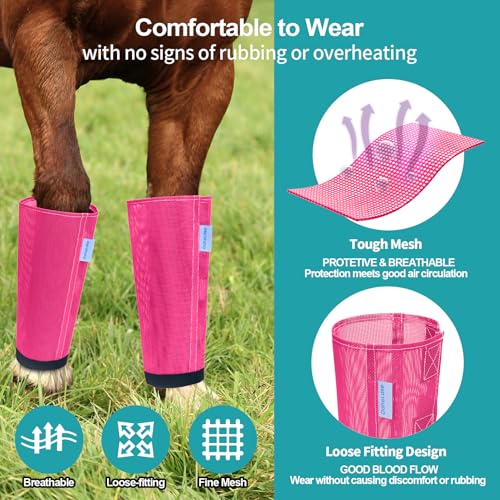 Image of Mesh Horse Fly Boots Set of 4, Loose Fitting Leggings for Horses, Reduce Stressful Stomping, Breathable Adjustable and Universal Fit for 4 Legs, Reliable Stay Put (Magenta)