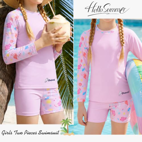 Image of Girls Swimsuit Two Piece Rash Guard Set for 4-14 Years UPF 50+ UV Protective Long Sleeve Swimwear