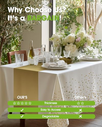 Image of Pureegg Plastic Table Cloth Disposable 8 Pack, 54 x 108 Inch, Table Runner Style, Graduation Decorations 2026, Party Tablecloths, Rectangle, Plastic Cover, Leakproof & Sturdy, White Gold