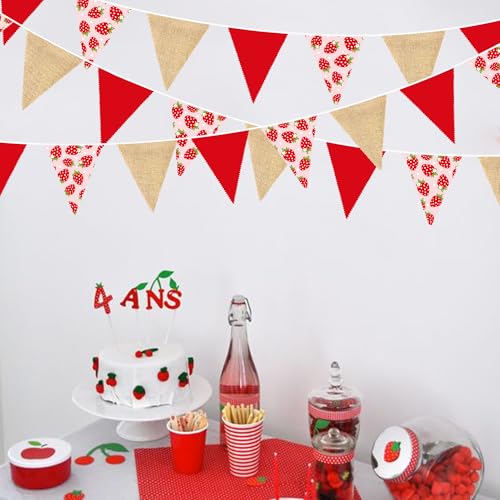 Image of 32Ft Strawberry Party Decorations Red Strawberry Burlap Triangle Flag Fabric Banner Pennant Garland Streamer for Berry Sweet Girls Birthday Wedding Engagement Baby Shower Rustic Party Decor Supplies