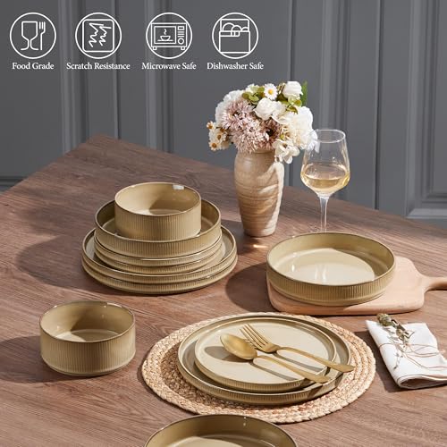 Image of E-far 16 Piece Dinnerware Sets, Plates and Bowls with Pasta Bowls Service for 4, Modern Stoneware Ribbed Dishes for Kitchen Dining, Microwave & Dishwasher Safe, Caramel Khaki