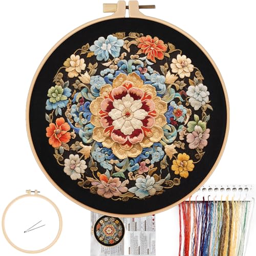 Image of FONNUY Floral Embroidery Kit, Cross Stitch Kits for Beginners, Handmade Crafts with Printed Patterns for Beginner Adults, Easy to Follow Color Thread Needlework, 8'' Hoop (Wildfire of Blossoms)