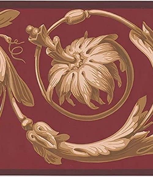CONCORD WALLCOVERINGS ™ Wallpaper Border Damask Pattern Victorian Style Leaves Flowers for Bedroom Living Room, Red Brown Beige Creamy, 7 Inches by 15 Feet MV3149B