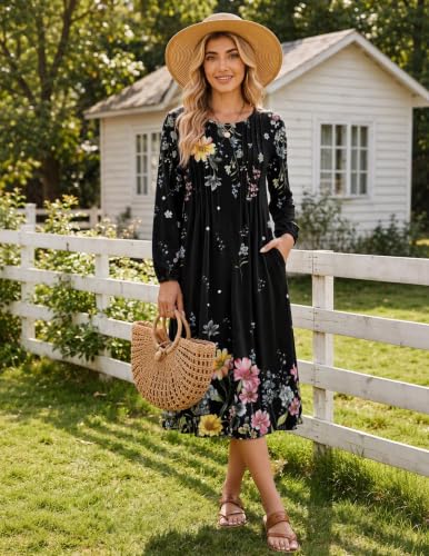 Image of Zeagoo Fall Dresses for Women Long Sleeve Midi Dress Casual A Line Dresses 2026 Pleated Flare Dress with Pockets