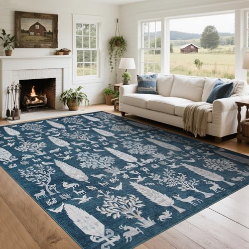 Washable Rugs 8x10 Area Rug for Living Room,Bedroom,Dining Room- Tree Blue