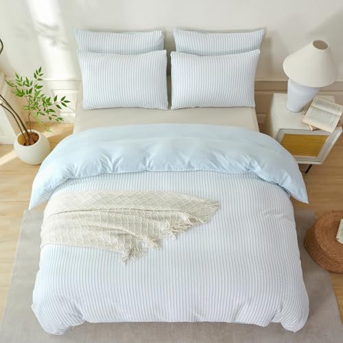 Image of Cornflower Blue Striped Comforter Set Queen - 3 Pieces Bedding Comforter Set for All Season, Soft Lightweight Washed Microfiber, 1 Striped Comforter and 2 Pillowcases (Blue, Queen Size)