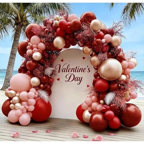 Image of Red Pink Balloon Garland Double Stuffed Burgundy Pink Balloons Dark Red Maroon Rose Gold Balloon Arch Kit for Birthday Bridal Wedding Birthday Mother's Day Graduation Party Decoration
