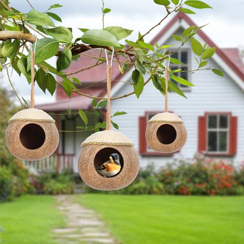 Image of 3 Pcs Natural Coconut Bird Hide Nest Hut for Cage with Woven Straw Bird Parakeet Coconut Fiber Hanging Birdhouse Cage Habitats Decor for Parrot Cockatiel Lovebird Finch Squirrel Hamster