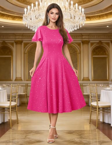 HomRain Plus Size Fuchsia Sequin Dress Formal Wedding Guest Cocktail Evening Gowns Mother of The Bride A-Line Flare Sleeve Dress for Women 2XL — view 5