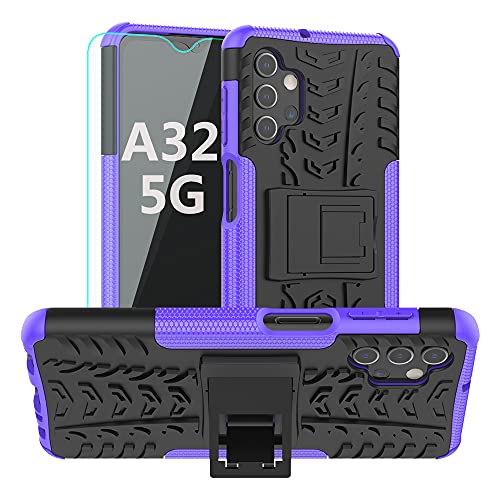 Galaxy A32 5G Case,Samsung A32 5G Case,with HD Screen Protector,SKTGSLAMY [Shockproof] Tough Rugged Dual Layer Protective Case Hybrid Kickstand Cover for Samsung Galaxy A32 5G (Purple)