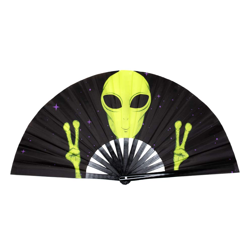 GloFX Folding Fan - Alien - Large Rave Clack Folding Hand Fan for Men/Women - for EDM, Music Festival, Club, Event, Party, Dance, Performance, Decoration, Gift