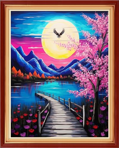 Image of Funchey Stamped Cross Stitch Kits, DIY Cross Stitch Pattern for Adults Beginners Needlepoint Kits Embroidery Kit Arts and Crafts 11CT-Moonlight Peach Blossoms 16x20 inch