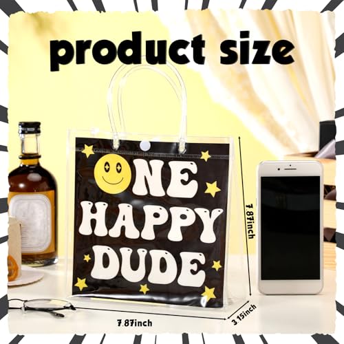Image of Teenyyou 24 Pcs One Happy Dude Clear Gift Bags with Handles One Happy Dude Party Favor PVC Goodie Treat Candy Tote Plastic Gift Bags for 1st Birthday Party Decor