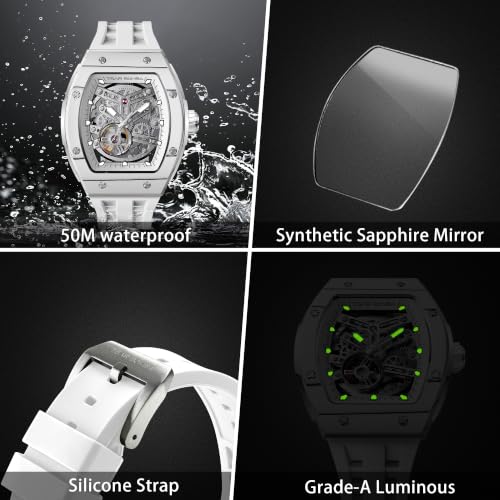 Image of TSAR BOMBA Men's Automatic Watch Tonneau Luxury Skeleton Watches for Men Mechanical 50M Waterproof Analogue Watches Mens Unique Cool Square Big Face Dial Wristwatch with Silicone Strap Band