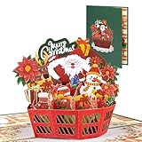 Design de scène 3D: Structure pop-up 3D – à l'ouverture apparaît une boîte cadeau rouge ajourée avec des éléments multi-couches (Père Noël, bonhomme de neige, renne, pile de cadeaux) et 