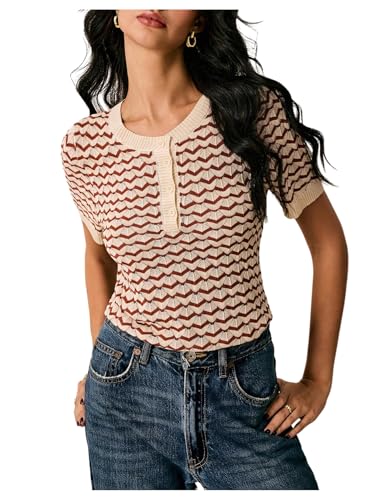 Verdusa Women's Striped Half Button Sweater Short Sleeve Crew Neck Lightweight Knit Tops