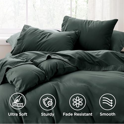Image of Bedsure Queen Sheet Set - 4 Pieces Soft Queen Size Sheets - Breathable & Cooling - Hotel Luxury - Easy Care Polyester Microfiber Bedding for Women, Men, Dark Green