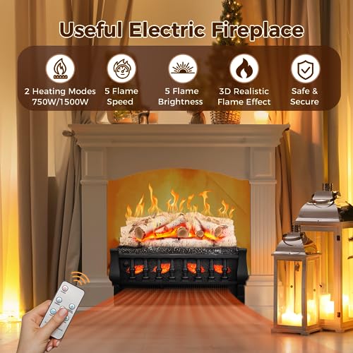 Joy Pebble Electric Fireplace Insert Log Heater 21",750W/1500W Adjustable 5 Flame Brightness,5 Speed Mode,Fireplace Insert with Realistic Ember Bed and Whitish Gray Log,Remote Control