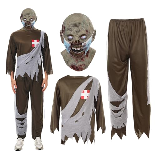 Huraogcos 3-teiliges Zombie-Kostüm gruseliges Halloween-Kostüm für Erwachsene Zombie-Horror-Maske für Halloween-Cosplay-Outfits (L)