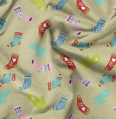 Image of Soimoi Beige Polyester Crepe Fabric Socks & Gloves Folk Art Print Fabric by the Meter 42 Inch Wide