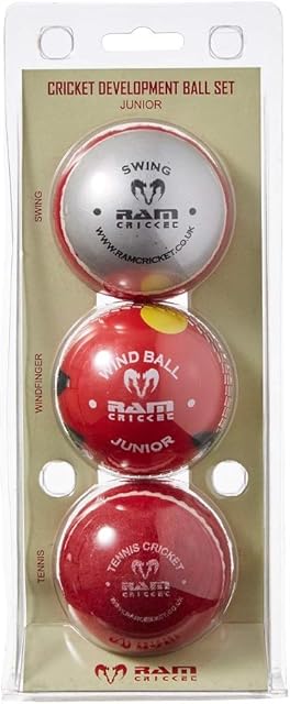 Ram Cricket Development Ball Set - multi pack of 3 development coaching balls (Swing Ball, Windfinger Ball and Tennis Cricket Ball) - Junior
