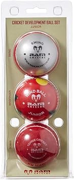 Ram Cricket Development Balls Set - multi pack of 3 development cricket coaching balls 1 x Swing Ball, 1x Windfinger Ball and 1x Tennis Cricket Ball - Junior. Soft balls for cricket coaching
