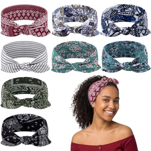 obeoby 8 Pack Boho Headbands for Women Wide Bow Hair Bands for Yoga Daily Wear Bandana Turban Head Wraps Paisley Print Hair Accessories