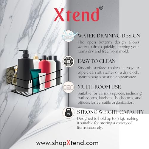 Image of Xtend Self-Adhesive Bathroom Shelf, Multipurpose Kitchen Shelf with Magic Stickers, Rustproof GI Steel, Black Powder Coated, Drill-Free, Easy Installation - Pack of 1
